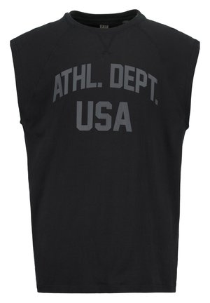 T-shirt de sport sans manches noir avec le texte gris "ATHL. DEPT. USA" imprimé sur le devant.