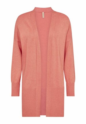 Gaiši rozā džemperis, izgatavots no mīksta adījuma auduma. Atvērta priekšpuses dizains ar garām piedurknēm un ribota apdare pie piedurknēm un kabatām.