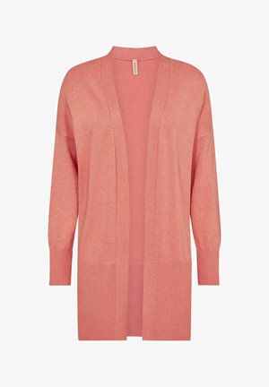 Hele roosa kardigan pehmest kootud materjalist. Avatud eesmine disain, pikad varrukad ja soonikkoes aktsendid mansettides ja taskutes.