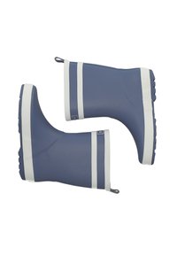 Bottes de pluie en caoutchouc bleu avec des rayures blanches en haut ; bout rond, semelle texturée et détail de logo sur le côté.