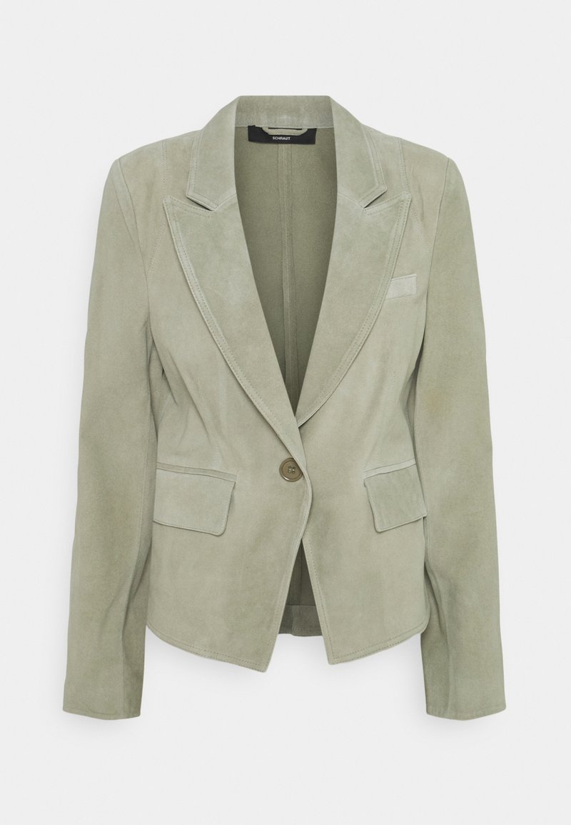 Blazer en daim vert clair à un seul bouton, avec des revers crantés et des poches à rabats, conçu pour une coupe ajustée.