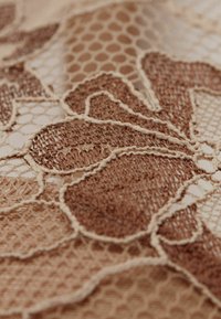 Spets tyg med intrikata blommönster i varierande nyanser av brunt, med en texturerad nätbakgrund och detaljerad sömnad.