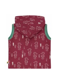 Bordeauxfarbenes, ärmelloses Hoodie-Oberteil mit einem weißen Seepferdchen-Muster. Die Ränder haben einen kontrastierenden grünen Saum. Weicher Stoff.