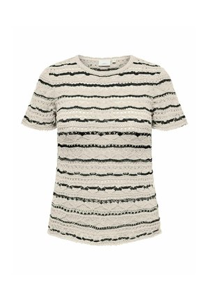 Kratka majica s kratkimi rokavi iz čipkaste teksture v kremni barvi z črnimi vodoravnimi črtami. Ima okroglo izrez in valovite robove. Mehak, zračen material.