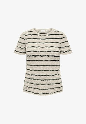 Kratka majica s kratkimi rokavi iz čipkaste teksture v kremni barvi z črnimi vodoravnimi črtami. Ima okroglo izrez in valovite robove. Mehak, zračen material.