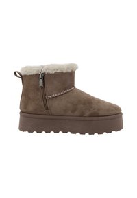 Brown suede ankle boot with a fur-lined cuff, side zipper, braided detail, and a thick, textured sole for enhanced grip.