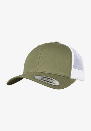 Olive green cap with a structured design, a curved visor, and white mesh panels. Features a snapback closure with a branded label.