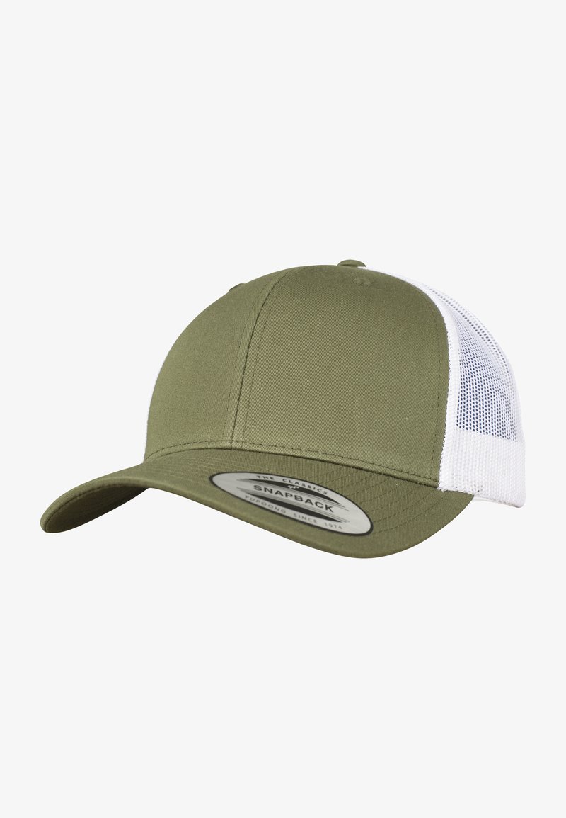 Olivengrønn caps med en strukturert design, en buet skygge og hvite nettingpaneler. Har en snapback-lukking med et merketikett.