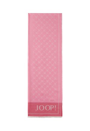 Écharpe rose avec un motif subtil sur l'ensemble, bords frangés et une bordure plus foncée contrastante avec le logo "JOOP!" en grande police.