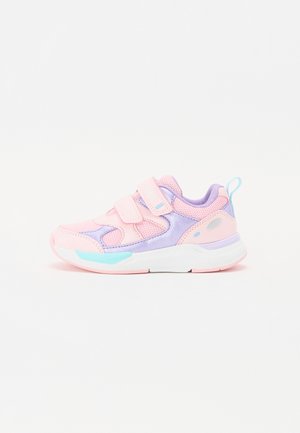 Pink and lavender athletic shoe with mesh and synthetic materials, two Velcro straps, a padded collar, and a light blue accent on the sole.