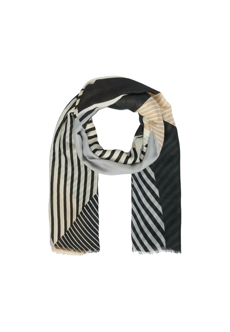 Écharpe multicolore présentant des motifs rayés diagonaux et verticaux en noir, beige et gris clair. Fabriquée en tissu léger avec des bords effilochés.