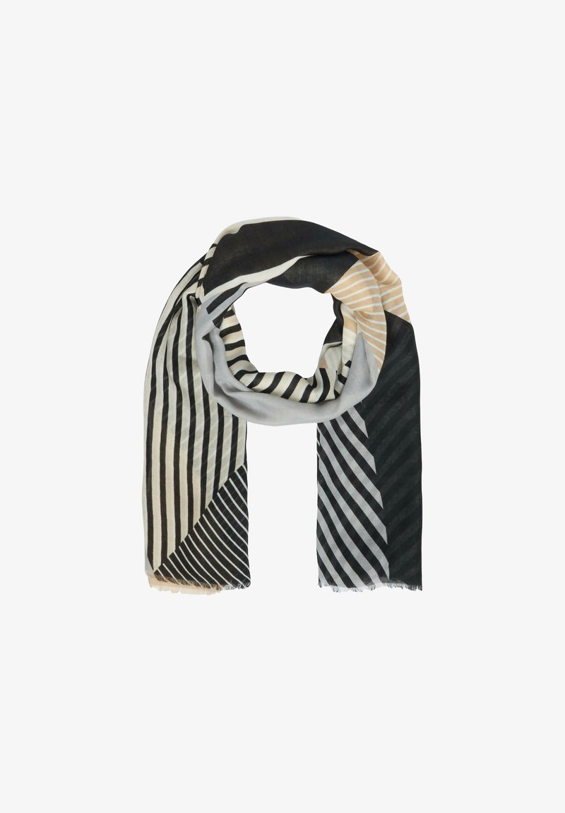 Écharpe multicolore présentant des motifs rayés diagonaux et verticaux en noir, beige et gris clair. Fabriquée en tissu léger avec des bords effilochés.