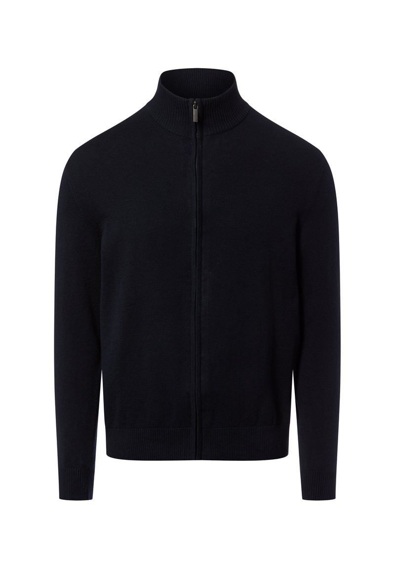 Marineblauwe trui met rits, hoge kraag, geribbelde manchetten en zoom, gladde textuur en minimalistisch ontwerp. Geen patronen of extra details.