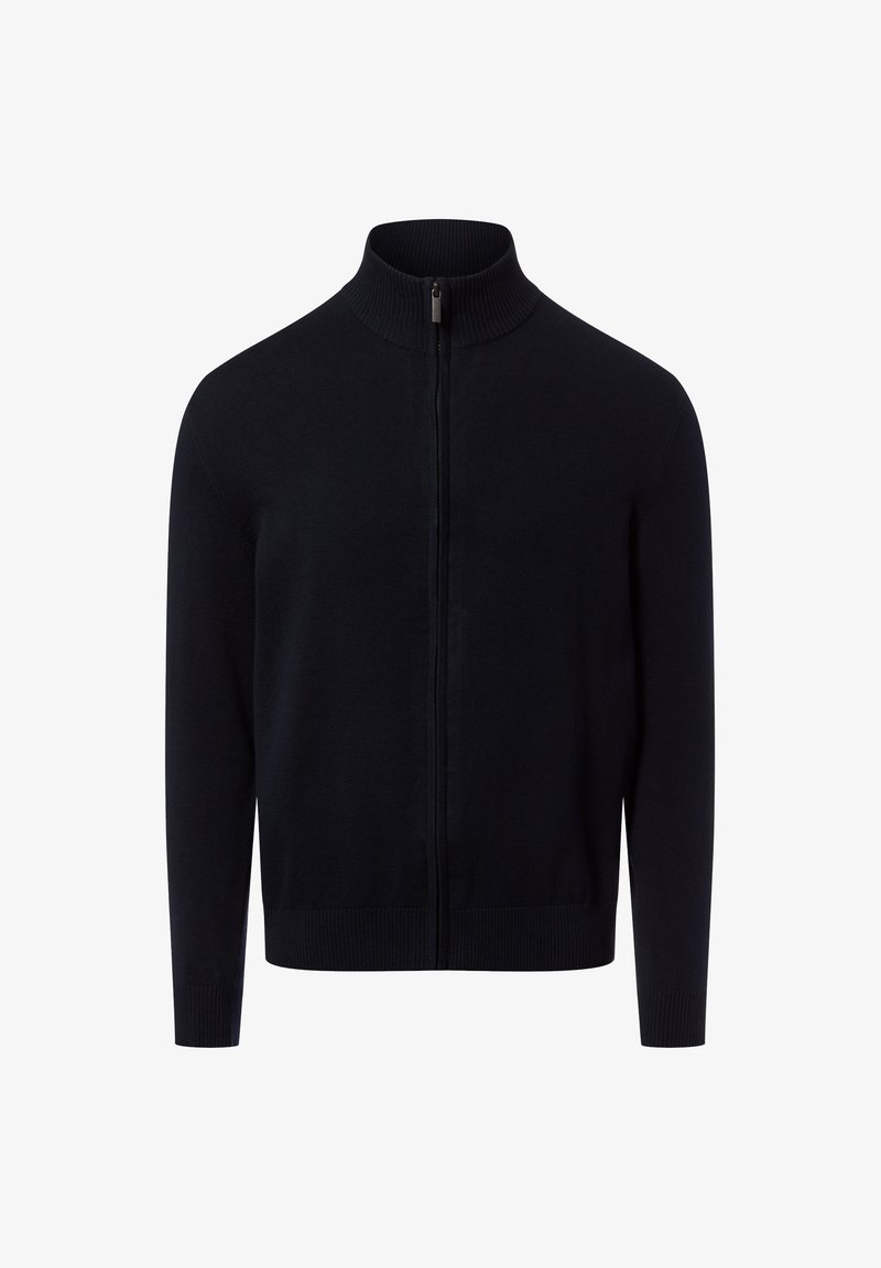 Marineblauwe trui met rits, hoge kraag, geribbelde manchetten en zoom, gladde textuur en minimalistisch ontwerp. Geen patronen of extra details.