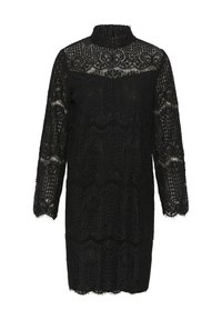 Black lace dress with long sleeves, high neck, and intricate patterns. Features decorative edges and a slightly frayed hem detail.