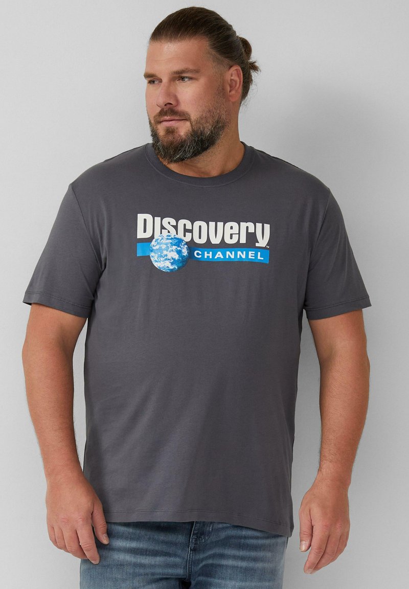 Graues Baumwoll-T-Shirt mit dem Logo des "Discovery Channel" in Weiß und Blau, kurzen Ärmeln, Rundhalsausschnitt und lässigem Schnitt.
