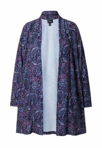 Giacca lunga e aperta davanti, realizzata in tessuto leggero. Presenta una stampa paisley multicolore su uno sfondo scuro. Senza chiusure, maniche ampie.