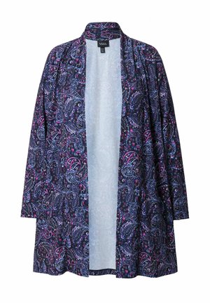 Lang, åben fronjakke lavet af letvægtsstof. Har et flerfarvet paisley-mønster på en mørk baggrund. Ingen lukninger, brede ærmer.