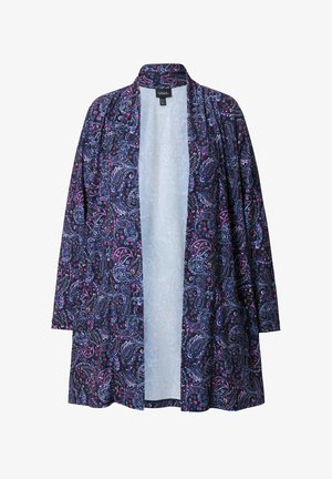 Giacca lunga e aperta davanti, realizzata in tessuto leggero. Presenta una stampa paisley multicolore su uno sfondo scuro. Senza chiusure, maniche ampie.