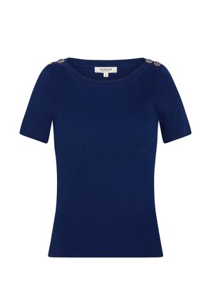 Marineblaues, geripptes Kurzarmshirt mit rundem Ausschnitt und dekorativen Knöpfen auf beiden Schultern, Größe klein von Morgan.