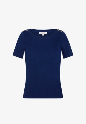 Top azul marino de manga corta con costillas, escote redondo y botones decorativos en ambos hombros, talla pequeña de Morgan.