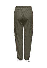 Olijfgroene cargo broek gemaakt van lichtgewicht stof, met een elastische tailleband, trekkoordmanchetten en zijzakken.