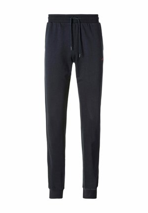 Dunkelgraue Sweatpants aus weichem Stoff, mit einem elastischen Bund und Kordelzug, schmal zulaufenden Beinen und gerippten Bündchen.