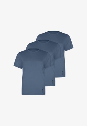 Drei dunkelblaue Baumwoll-T-Shirts mit kurzen Ärmeln und Rundhalsausschnitt, jeweils mit einem kleinen gedruckten Logo auf der unteren rechten Seite des Shirts.