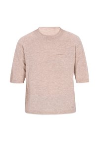 Beige svetr s krátkým rukávem a kulatým výstřihem, má také náprsní kapsu. Měkká textura, uvolněný střih, žebrované okraje a jednoduchý design.