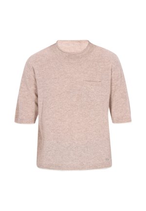 Beige kortærmet sweater med rund halsudskæring og en brystlomme. Blød tekstur, afslappet pasform, ribbede kanter og enkelt design.