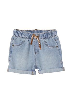 Hellblaue Jeans-Shorts für Kleinkinder mit elastischem Bund, braun-weißem Kordelzug, vorderen Taschen und umgeschlagenen Säumen.