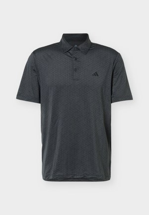 Ciemnoszara koszulka polo z krótkim rękawem, wykonana z delikatnie wzorzystej tkaniny, zapięcie na guziki oraz logo Adidas na lewej piersi.