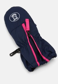 Navyblaue isolierte Fäustlinge mit einem Reißverschluss, rosa Akzenten, elastischem Handgelenk und einem Logo-Patch mit einer stilisierten Figur.