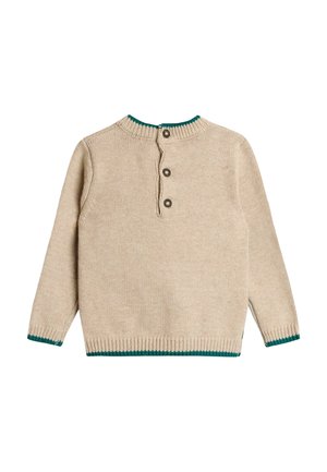 Beiger Strickpullover mit grünem Rippenkragen und -bündchen. Verfügt über eine Knopfverschluss auf der Rückseite. Weiche Textur mit einem schlichten Design.