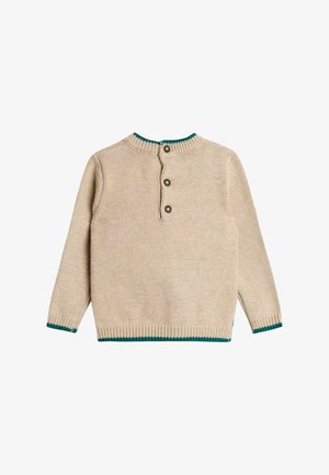 Pull en tricot beige avec col et poignets côtelés verts. Doté d'une fermeture à boutons au dos. Texture douce avec un design simple.