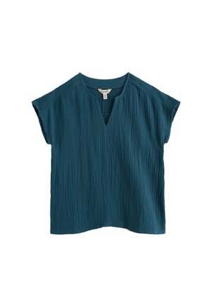 Blusa texturizada de manga corta en color verde azulado con escote en V con muesca y corte holgado, confeccionada con tela ligera y transpirable.