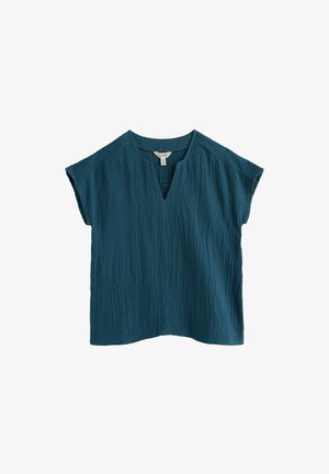 Blusa texturizada de manga corta en color verde azulado con escote en V con muesca y corte holgado, confeccionada con tela ligera y transpirable.
