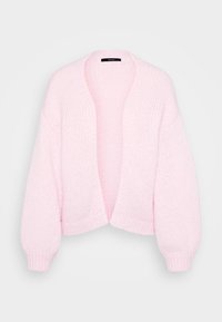 Ροζ ανοιχτή πλεκτή ζακέτα με άνετη εφαρμογή, ανοιχτό μπροστινό μέρος και φαρδιά μανίκια. Υφή υφάσματος με ριμπ τελειώματα στα μανίκια και το τελείωμα.