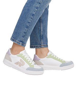 White sneakers with pastel green, lavender, and gray accents. Features smooth leather and suede materials, round toe, and lace-up design.