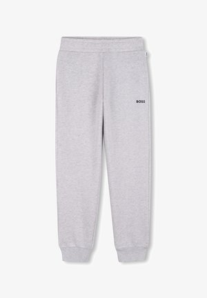 Pantalons de survêtement gris en tissu doux, avec un taille à cordon, des poignets côtelés et un petit logo noir "BOSS" sur le côté gauche.