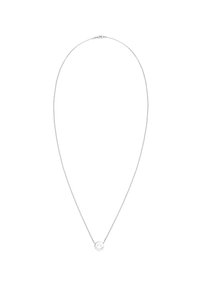 Sølv halskæde med en tynd kæde og en rund vedhæng med et smiley ansigt design. Minimalistisk stil, poleret finish, sikker lukning.