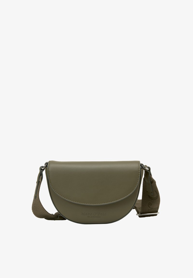 Borsa a tracolla verde oliva, forma circolare, realizzata in pelle liscia, con chiusura a patta e tracolla intrecciata con dettagli a motivo.