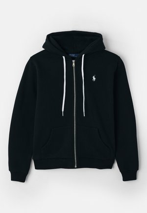 Black zip-up hoodie with white drawstrings and small white logo on left chest, featuring front pockets and ribbed cuffs.