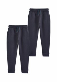 Två par mörknavy blå träningsoveraller med elastiska midjeband, justerbara dragsko, två sidofickor och smala resårer vid anklarna.