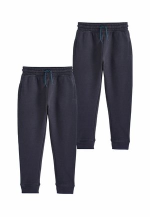 Due paia di pantaloni tuta blu scuro con vita elastica, cordini regolabili, due tasche laterali e polsini stretti alle caviglie.