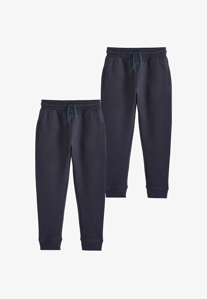 Due paia di pantaloni jogger blu navy con vita elastica e coulisse, dotati di tasche laterali e polsini alle caviglie.