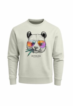 Light gray sweatshirt featuring a panda graphic wearing colorful sunglasses, holding bamboo, with the text "NEVERLESS" below the design.