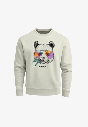 Light gray sweatshirt featuring a panda graphic wearing colorful sunglasses, holding bamboo, with the text "NEVERLESS" below the design.