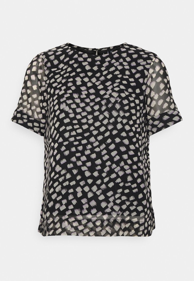 Blouse noire à manches courtes avec un motif texturé de coups de pinceau blancs et gris clair, dotée d'un col rond et d'une coupe décontractée.