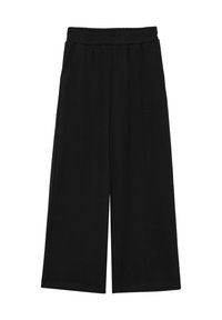 Pantalons larges noirs avec une taille élastique, dotés de poches latérales et d'un tissu lisse et léger. Aucune motif ou accent visible.